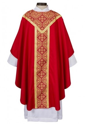 R.J. Toomey Printed Gothic Collection Red Chasuble with Banded Round Neck and Inner Stole