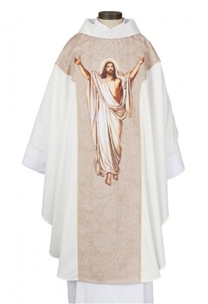 R.J. Toomey Risen Christ Ivory Gothic-Style Chasuble with Cowl Neck and Inner Stole