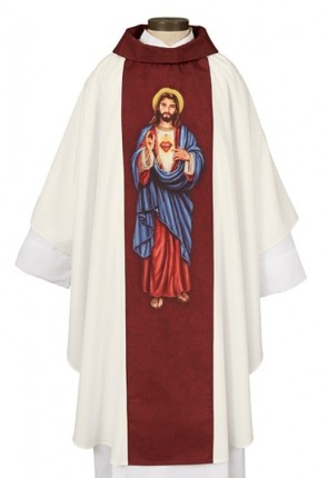 R.J. Toomey Sacred Heart Ivory Gothic-Style Chasuble with Cowl Neck and Inner Stole