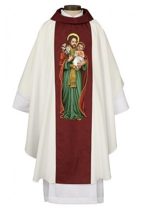 R.J. Toomey Saint Joseph and Child Ivory Gothic-Style Chasuble with Cowl Neck and Inner Stole