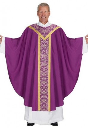 R.J. Toomey Saint Remy Collection Purple Gothic-Style Chasuble with Banded Round Neck and Inner Stole