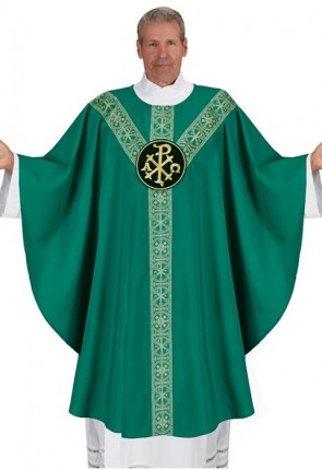 R.J. Toomey San Damiano Collection Green Semi-Gothic Chasuble with Round Neck and Inner Stole