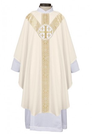 R.J. Toomey San Damiano Collection Ivory Semi-Gothic Chasuble with Round Neck and Inner Stole