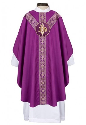 R.J. Toomey San Damiano Collection Purple Semi-Gothic Chasuble with Round Neck and Inner Stole