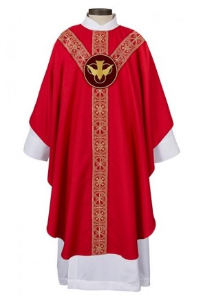 R.J. Toomey San Damiano Collection Red Semi-Gothic Chasuble with Round Neck and Inner Stole