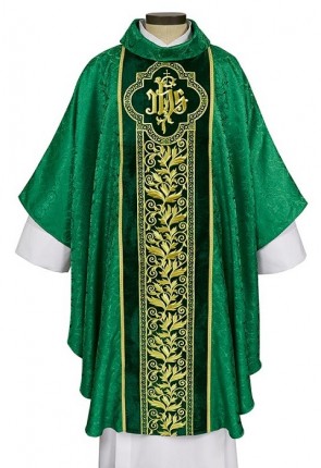 R.J. Toomey San Marino Collection Green Gothic-Style Chasuble with Cowl Neck and Inner Stole