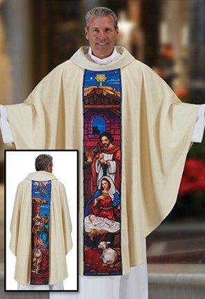 R.J. Toomey Stained Glass Collection Nativity Ivory Chasuble with Cowl Neck and Inner Stole